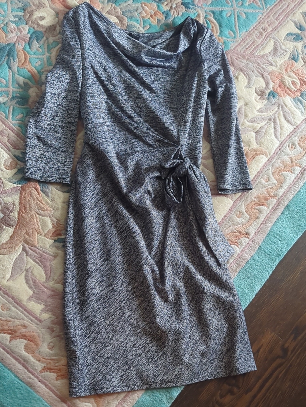 Ann Taylor Heathered Charcoal Tie-Waist Long-Sleeve Dress